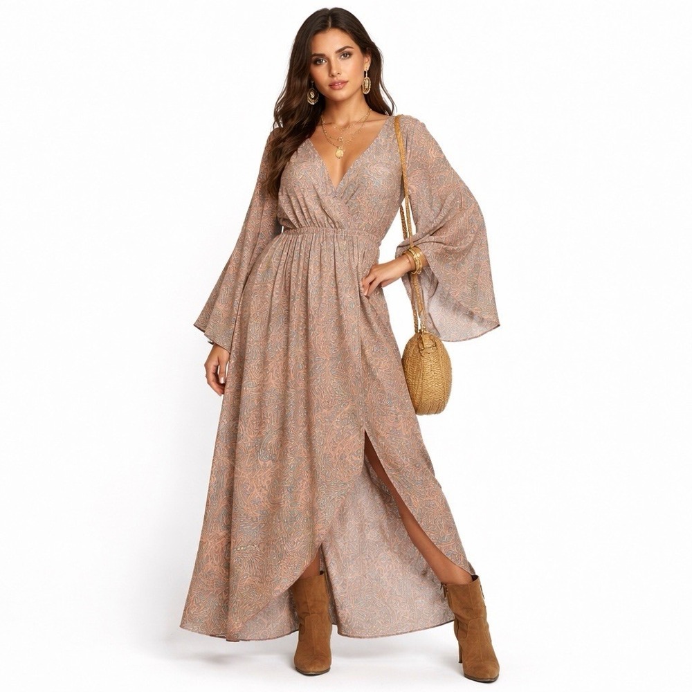 Lovin India Paisley Bell Sleeve‎ Maxi Dress Gold Metallic Boho Pink Blue S/M
